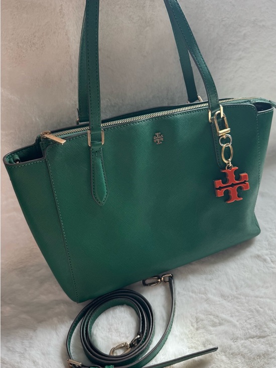 Tory Burch Handbags - Tory Burch Green Saffiano Shoulder Tote with Red Logo Charm